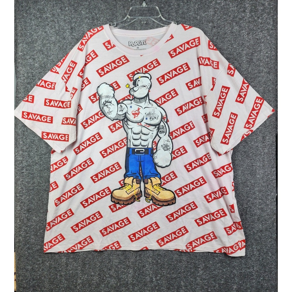 Popeye T-Shirt Mens 4XL White Red Savage All Over Print Tattoo Graphic Excellent